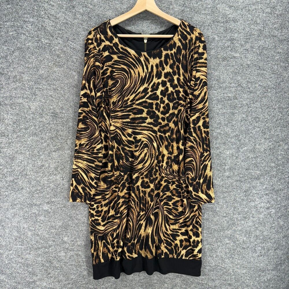 Unbranded Dress Women M Medium Black Animal Print Shift Midi Zipper Long Sleeve